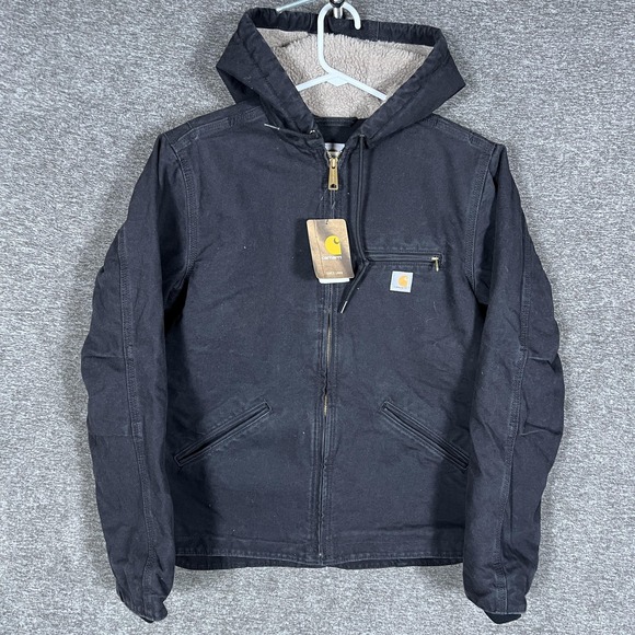 Carhartt WJ141-BLK Jacket Womens S Black Sherpa Lined Hooded Canvas Workwear